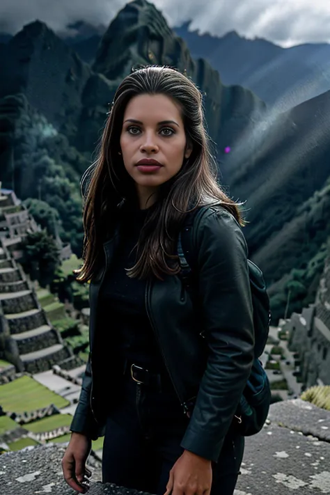 cinematic film still of beautiful (DF1sh31:1.1) woman,as an explorer,climbing along a rocky cliff on a mountain,with a jacket and backpack with hiking gear,long hair,lipstick,with (machu picchu in peru:1.3) in the distance,cinematic scene,hero view,(dramatic action pose),(looking at viewer),8k wallpaper,detailed background,masterpiece,best quality,high quality,absurdres,vivid,shallow depth of field,vignette,highly detailed,high budget Hollywood movie,depth of field,rule of thirds,cinemascope,moody,epic,gorgeous,film grain,PA7_Portrait-MS,<lora:DF1sh31_05B-000003:0.9>,