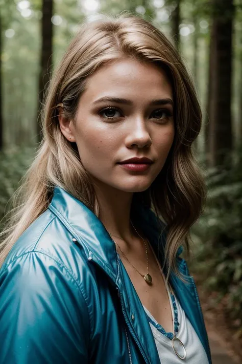 photo of (tor1anders0n-135:0.99), a beautiful woman, perfect hair upsweep updo, (modern photo, Robin Egg Blue jacket), closeup portrait, 85mm, (analog, cinematic, film grain:1.3), (mushroom forest:1.2), detailed eyes, painted lips, (seductive pose), (epicPhoto), (looking at viewer), necklace, (cinematic shot:1.3)