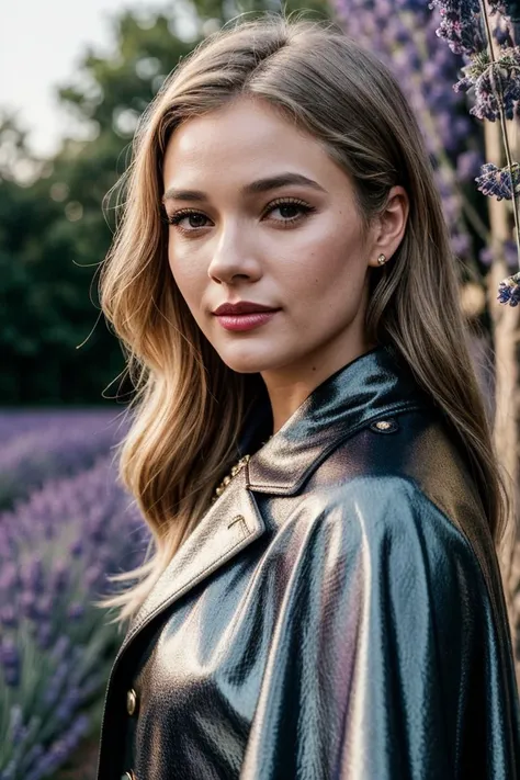 photo of (tor1anders0n-135:0.99), a beautiful woman, perfect hair upsweep updo, (modern photo, Harvest Gold Belted cape coat in a luxurious wool fabric and a timeless silhouette), closeup portrait, 85mm, (analog, cinematic, film grain:1.3), (A field of lavender in full bloom:1.2), detailed eyes, painted lips, (seductive pose), (epicPhoto), (looking at viewer), necklace, (cinematic shot:1.3)