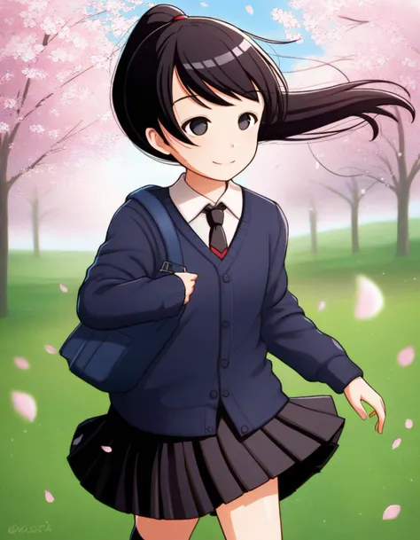 <lora:monchichiwa_lyco_pony2-000012:0.8>
score_9, score_8_up, score_7_up, source_anime, rating_safe BREAK
1girl, solo, smile, flower, black hair, skirt, outdoors, ponytail, cherry blossoms, day, school uniform, cardigan, necktie, tree, grass, black eyes, socks, black skirt, wind, blue sky, black socks, walking, long sleeves, shirt, collared shirt, petals, v, cowboy shot, (close-up:1.2)