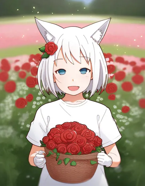 <lora:monchichiwa_lyco_pony2-000012:1.0>
score_9, score_8_up, score_7_up, source anime BREAK 1girl, fox, cute, garden, flowers, gloomy, facing viewer, red rose, fox ears, :d, shirt, white gloves, day, open mouth, smile, blurry, white hair, bright blue eyes, flower pot, ^_^, short hair, animal ears, red flower, plant, light particles, flower field, hair ornament, rose, hair flower, white shirt, upper body, short sleeves, holding, solo, depth of field, field, outdoors, flower basket, head tilt, beautiful eyes, blurry background