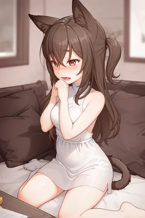 (masterpiece, best quality:1.2), 1girl, large breasts, brown hair, hair between eyes, brown eyes, full face blush, looking away, animal ears BREAK white dress, tail, open mouth, hand on own mouth, close-up, (tongue:0.6), fangs, living room