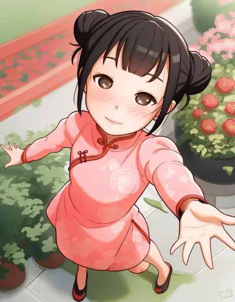 <lora:monchichiwa_lyco_pony2-000012:1.0>
score_9, score_8_up, score_7_up, rating_safe BREAK
1girl, solo, smile, blush, looking at viewer, (looking up, from above:1.2), chinese clothes, pink dress, long sleeves, brown eyes, black hair, bangs, hair bun, outstretched hand,  (reaching towards viewer, foreshortening:1.2), lips, ribbon, garden