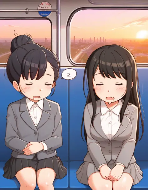 <lora:monchichiwa_lyco_pony2-000012:0.8>
score_9, score_8_up, score_7_up, rating_safe BREAK
2girls, single hair bun, dark hair, closed eyes, sleepy, sleeping, (open mouth), ((drool)), grey blazer, white shirt, formal suit, skirt, sitting, (v arms:0.8), public train, train interior, city background, sunset, spoken z