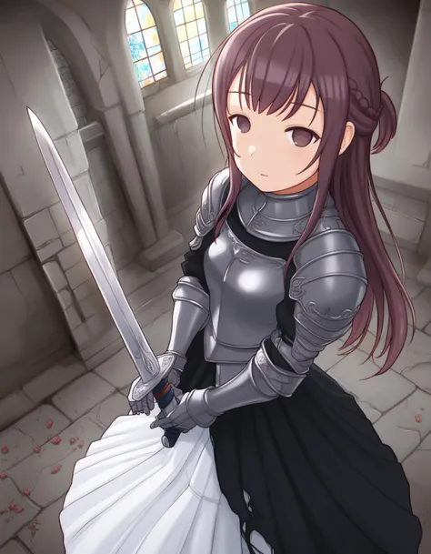 <lora:monchichiwa_lyco_pony2-000012:1.0>
score_9, score_8_up, score_7_up, source anime, rating_safe BREAK (minomi:0.8), a female knight in full armor is standing and looking at viewer, half updo, detailed beautiful face, portrait, long skirt, abandoned church, blooming roses, sword, low light, dark theme, from above, close-up