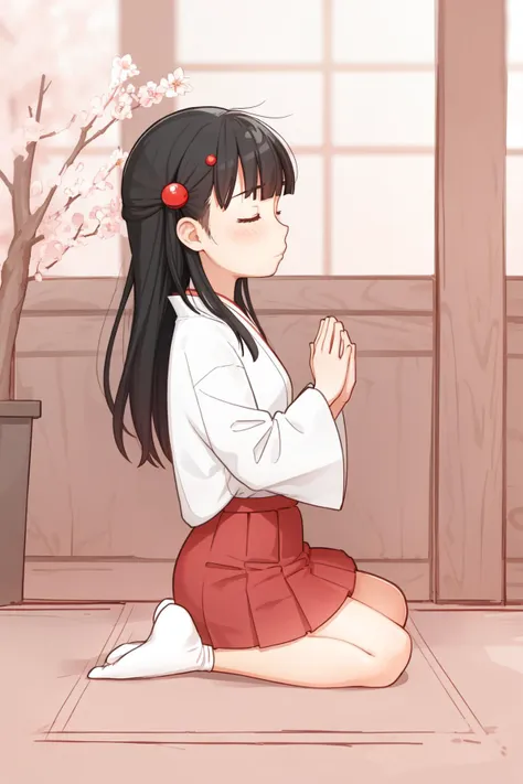 (sketch:1.25), 1girl, blunt bangs, forehead, extremely long hair, shiny black hair, closed eyes BREAK (praying:1.2), miko, long sleeves, red skirt, japanese clothes, tabi BREAK on floor, (seiza), from side, full body, wide shot BREAK detailed background, (outside:1.2), shrine, (cherry blossoms:1.1)