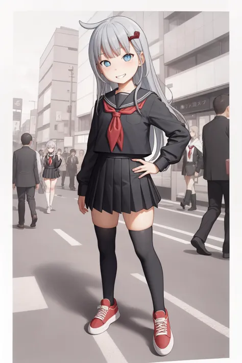 (absurdres, masterpiece, best quality),
1girl, grin, blue eyes, grey hair, hair ornament, long hair, flat chest
BREAK black serafuku, black skirt, black shirt, black thighhighs BREAK (white neckerchief:1.2), red sneakers, hands on own hips
BREAK contrapposto, full body, wide shot, detailed background, tokyo, city, bustling street