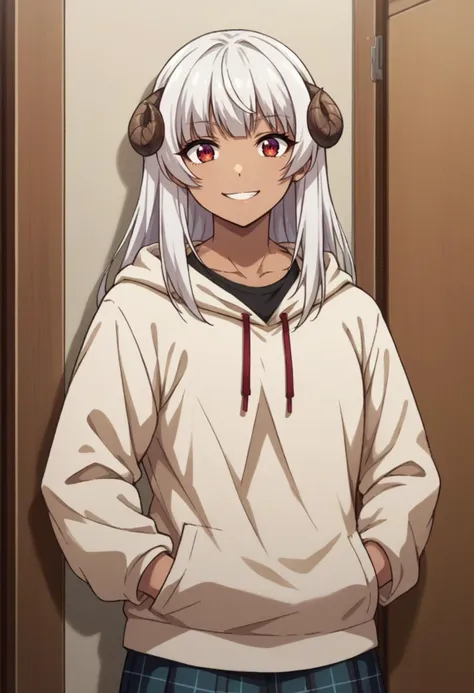 score_9, score_8_up, source_anime, Felm, white hair, long hair, dark skin, indoors, plaid skirt, hoodie, smile, hands in pockets, <lora:ChamFelmPonyXL-000007:1.0>