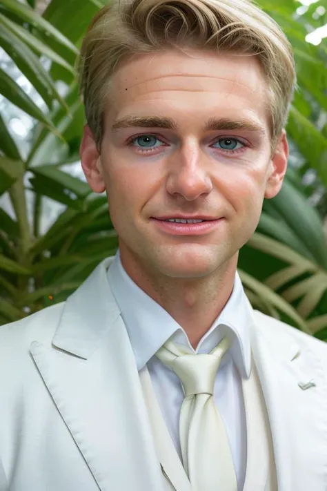an [blonde] man in a white suit, in a jungle paradise, clean shaven, ((close up, face)), raw, 8k uhd, grinning,  <lora:jeremyFragrence:1>