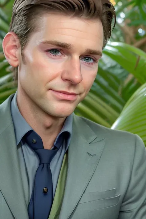 a man in a colored suit, in a jungle paradise, clean shaven, ((close up, face)), raw, 8k uhd, [smiling] <lora:jeremyFragrence:1>