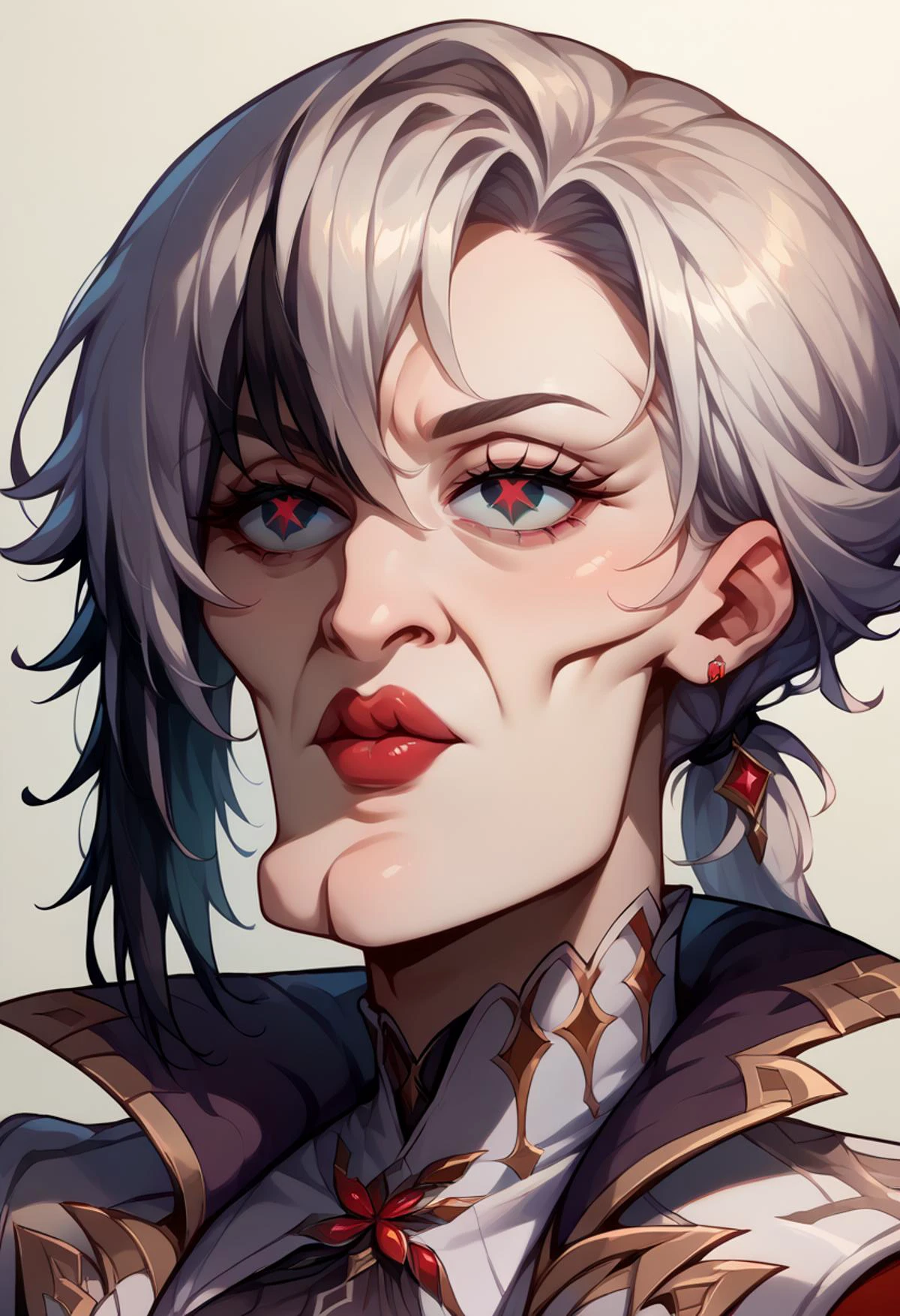 score_9, score_8_up, score_7_up, source_anime, <lora:arlecchinoPDisek:0.9> arlecisek, x-shaped pupils, <lora:handsomize_x_pdxl_v1:1.2> handsomize, red lipstick,
