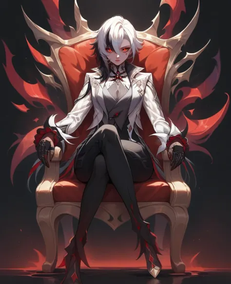 score_9,score_8_up,score_7_up,source_anime,1girl,<lora:arlecchinoPDisek-000008:0.8>,arlecisek,looking at viewer,gloves,long sleeves,sitting,full body,black gloves,coat,black pants,white hair,multi toned hair,chair,(black background:1.1),(red theme:1.1),glowing eyes,(detailed face and eyes:1.2),