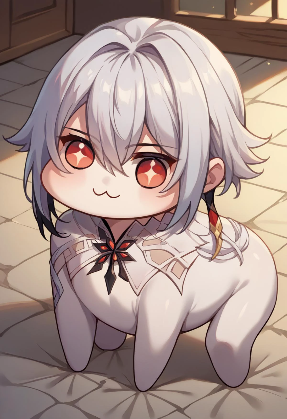 score_9, score_8_up, score_7_up, source_anime, <lora:arlecchinoPDisek:0.7> arlecisek, x-shaped pupils, <lora:Doro_X_PDXL_V1:1> doro, creature, :3, chibi, no humans, white skin, four legs, solid circle eyes, no pupils, all fours,