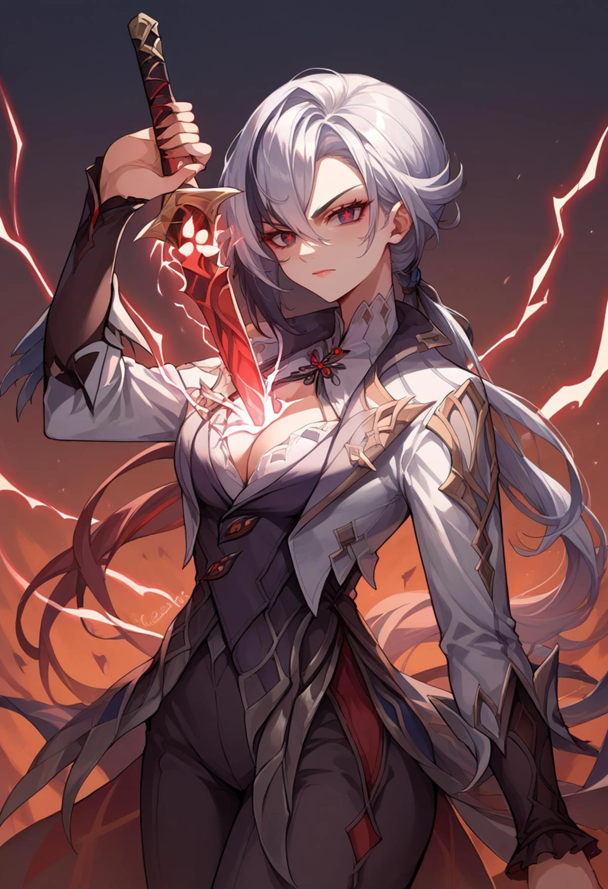 score_9, score_8_up, score_7_up, source_anime, <lora:arlecchinoPDisek:0.8> arlecisek, x-shaped pupils, <lora:HumanScabbardV2_XLPD:1> human scabbard, holding, holding weapon, holding sword, electricity, cleavage