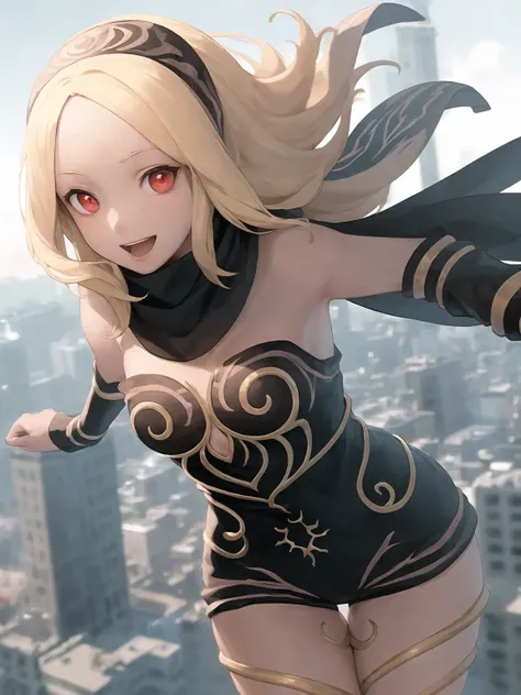 <lora:katv1:1>, masterpiece, best quality, a beautiful and detailed portrait of kat, blonde hair, red eyes,outside,standing on top of a building overlooking a cityscape below,long hair,dark skin,medium tits,leaning forward
wearing vambraces and hairband and leotard and scarf, happy, exited, thigh gap,gold trim