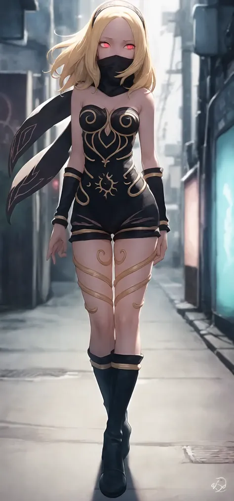 <lora:katv1:1>, masterpiece, best quality, a beautiful and detailed portrait of kat, wearing a leotard,standing in an alleyway lit with neon signs, gold trim,boots,scarf,((rear view:1.3)), ((backside)), scarf covering mouth and nose,(glowing eyes)