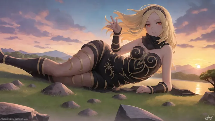 <lora:katv1:1>, masterpiece, best quality, a beautiful and detailed portrait of kat, wearing a leotard, lying down,  on a mountain, trees, lake in background, clouds, rocks, gold trim,boots,scarf, mountains, valley, distant river, clouds, sunset, cliffs