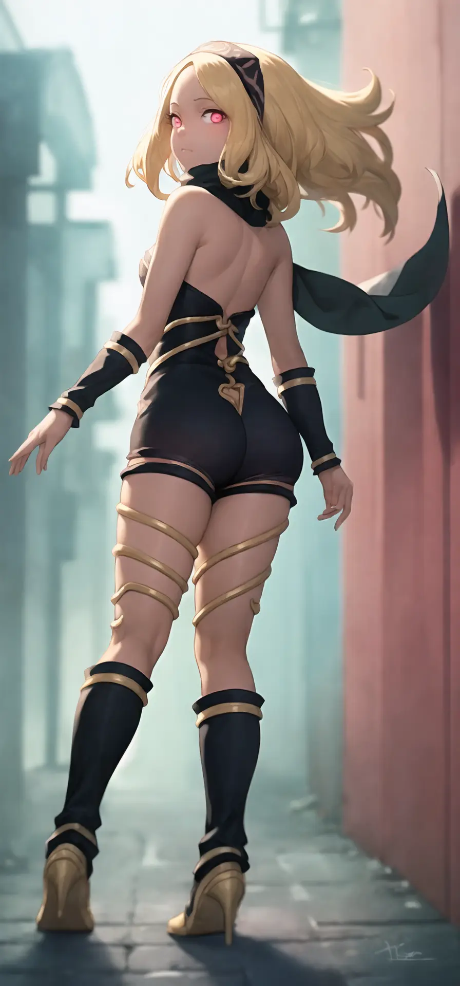 <lora:katv1:1>, masterpiece, best quality, a beautiful and detailed portrait of kat, wearing a leotard,standing in an alleyway lit with neon signs, gold trim,boots,scarf,((rear view:1.3)), ((backside)), scarf covering mouth and nose