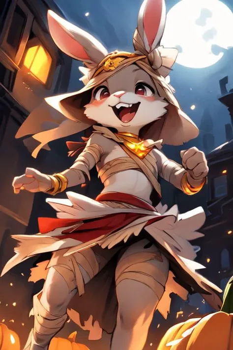 furry, animal, furry, furry female anthro, female rabbit,
((small breasts)), rabbit face, bunny tail, detailed and extremely fluffy body fur, fluff, athletic body, 2 girls, 
highly_detailed_face, symmetrical_eyes, Detailed Eyes, open mouth, rodent front teeth, happy, nail teeth, (eye reflections),
flat chest, cute, girl, young, young adult, small breasts, cute, girl, young, 
walking, low angle, having fun, ((torn bandages)), ((torn white short frilly skirt)), ((bandaged head)),
golden tiara, golden bracelet, golden necklace, 
<Lora:vicaramelia:0.4>, bandage,
<lora:mummy costume:0.8>,
nighttime, outside, Halloween night, pumpkins, moonlight, bats in the sky, spiderwebs, 
(by manmosu marimo:0.6), (by dagasi:0.7), by reign-2004, 
(by carrot:0.4), by darkgem, by ulitochka,
<lora:FurryCore:0.7>,
<lora:sailor_moon:0.3>,
<lora:nanachi:0.2>,
<Lora:Tangbohu Detail Tweaker LoRA (UO/N~etLoRA) - v1.0:-0.5>,
highly detailed photograph, cinematic, full shot,
concept art, highly detailed, (hi res), masterpiece, best quality, masterpiece, best quality,  highly_detailed_face, symmetrical_eyes, belly, cinematic composition, dynamic pose, nude, (masterpiece, best quality, ultra realistic, 4k, (high detail:1.3),