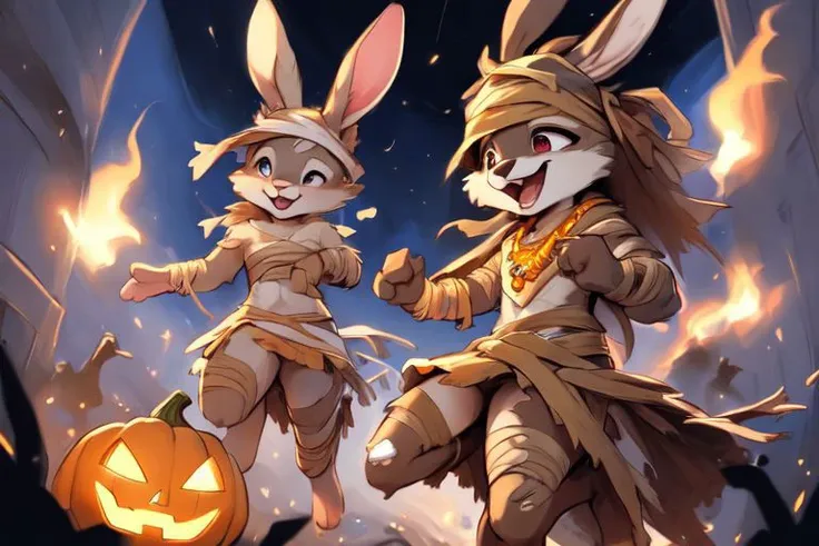 furry, animal, furry, furry female anthro, female rabbit,
((small breasts)), rabbit face, bunny tail, detailed and extremely fluffy body fur, fluff, athletic body, 2 girls, 
highly_detailed_face, symmetrical_eyes, Detailed Eyes, open mouth, rodent front teeth, happy, nail teeth, (eye reflections), (thick thighs:0.5),
flat chest, cute, girl, young, young adult, small breasts, cute, girl, young, 
running, jumping, low angle, having fun, side view, ((torn bandages)), ((torn white short frilly skirt)), ((bandaged head)),
golden tiara, golden bracelet, golden necklace, 
green glow, fog tendrils,  
<Lora:vicaramelia:0.75>, bandage,
<lora:mummy costume:0.8>,
nighttime, outside, Halloween night, pumpkins, moonlight, bats in the sky, spiderwebs, 
(by manmosu marimo:0.6), (by dagasi:0.7), by reign-2004, 
(by carrot:0.4), by darkgem, by ulitochka,
<lora:FurryCore:0.7>,
<lora:sailor_moon:0.3>,
<lora:nanachi:0.2>,
<Lora:Tangbohu Detail Tweaker LoRA (UO/N~etLoRA) - v1.0:-0.5>,
highly detailed photograph, cinematic, full shot,
concept art, highly detailed, (hi res), masterpiece, best quality, masterpiece, best quality,  highly_detailed_face, symmetrical_eyes, belly, cinematic composition, dynamic pose, nude, (masterpiece, best quality, ultra realistic, 4k, (high detail:1.3),