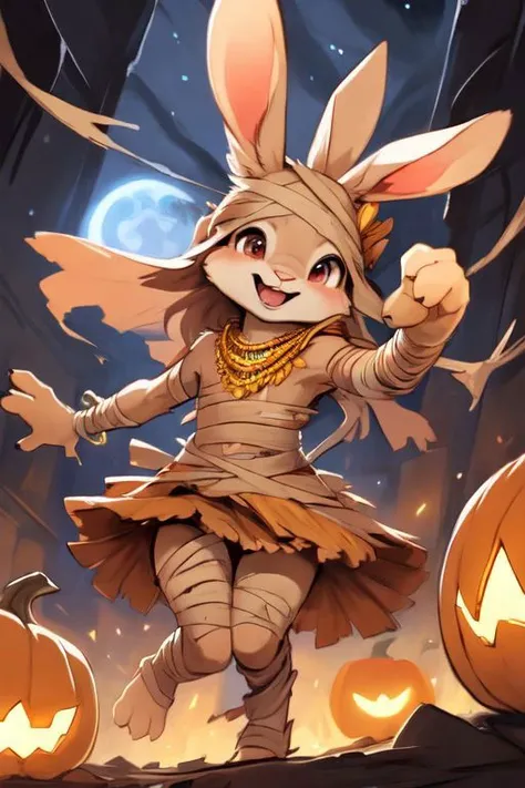 furry, animal, furry, furry female anthro, female rabbit,
((small breasts)), rabbit face, bunny tail, detailed and extremely fluffy body fur, fluff, athletic body, 2 girls, 
highly_detailed_face, symmetrical_eyes, Detailed Eyes, open mouth, rodent front teeth, happy, nail teeth, (eye reflections), (thick thighs:0.5),
flat chest, cute, girl, young, young adult, small breasts, cute, girl, young, 
running, jumping, high angle, having fun, back view, ((torn bandages)), ((torn white short frilly skirt)), ((bandaged head)),
golden tiara, golden bracelet, golden necklace, 
green glow, fog tendrils,  
<Lora:vicaramelia:0.75>, bandage,
<lora:mummy costume:0.8>,
nighttime, outside, Halloween night, pumpkins, moonlight, bats in the sky, spiderwebs, 
(by manmosu marimo:0.6), (by dagasi:0.7), by reign-2004, 
(by carrot:0.4), by darkgem, by ulitochka,
<lora:FurryCore:0.7>,
<lora:sailor_moon:0.3>,
<lora:nanachi:0.2>,
<Lora:Tangbohu Detail Tweaker LoRA (UO/N~etLoRA) - v1.0:-0.5>,
highly detailed photograph, cinematic, full shot,
concept art, highly detailed, (hi res), masterpiece, best quality, masterpiece, best quality,  highly_detailed_face, symmetrical_eyes, belly, cinematic composition, dynamic pose, nude, (masterpiece, best quality, ultra realistic, 4k, (high detail:1.3),