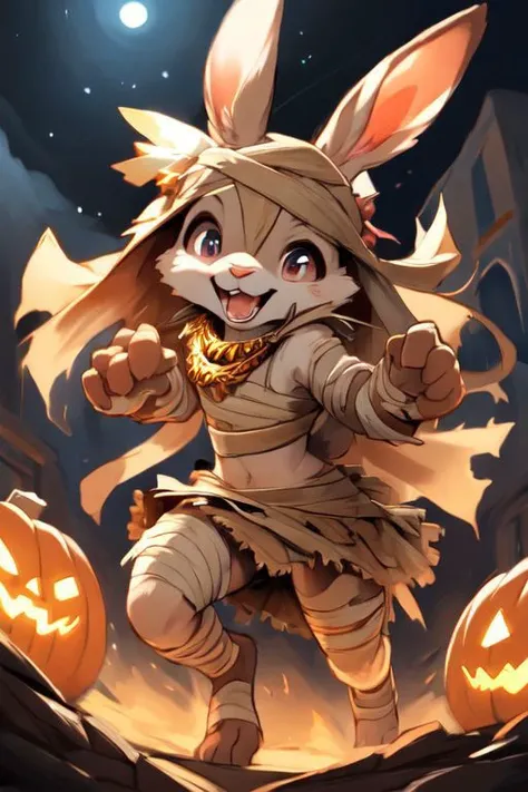 furry, animal, furry, furry female anthro, female rabbit,
((small breasts)), rabbit face, bunny tail, detailed and extremely fluffy body fur, fluff, athletic body, 2 girls, 
highly_detailed_face, symmetrical_eyes, Detailed Eyes, open mouth, rodent front teeth, happy, nail teeth, (eye reflections), (thick thighs:0.5),
flat chest, cute, girl, young, young adult, small breasts, cute, girl, young, 
running, jumping, having fun, three quarter back pose, ((torn bandages)), ((torn white short frilly skirt)), ((bandaged head)),
golden tiara, golden bracelet, golden necklace, 
green glow, fog tendrils,  
<Lora:vicaramelia:0.75>, bandage,
<lora:mummy costume:0.8>,
nighttime, outside, Halloween night, pumpkins, moonlight, bats in the sky, spiderwebs, 
(by manmosu marimo:0.6), (by dagasi:0.7), by reign-2004, 
(by carrot:0.4), by darkgem, by ulitochka,
<lora:FurryCore:0.7>,
<lora:sailor_moon:0.3>,
<lora:nanachi:0.2>,
<Lora:Tangbohu Detail Tweaker LoRA (UO/N~etLoRA) - v1.0:-0.5>,
highly detailed photograph, cinematic, full shot,
concept art, highly detailed, (hi res), masterpiece, best quality, masterpiece, best quality,  highly_detailed_face, symmetrical_eyes, belly, cinematic composition, dynamic pose, nude, (masterpiece, best quality, ultra realistic, 4k, (high detail:1.3),