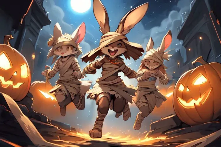 furry, animal, furry, furry female anthro, female rabbit,
((small breasts)), rabbit face, bunny tail, detailed and extremely fluffy body fur, fluff, athletic body, 2 girls, 
highly_detailed_face, symmetrical_eyes, Detailed Eyes, open mouth, rodent front teeth, happy, nail teeth, (eye reflections), (thick thighs:0.5),
flat chest, cute, girl, young, young adult, small breasts, cute, girl, young, 
running, jumping, having fun, three quarter back pose, ((torn bandages)), ((torn white short frilly skirt)), ((bandaged head)),
golden tiara, golden bracelet, golden necklace, 
green glow, fog tendrils,  
<Lora:vicaramelia:0.75>, bandage,
<lora:mummy costume:0.8>,
nighttime, outside, Halloween night, pumpkins, moonlight, bats in the sky, spiderwebs, 
(by manmosu marimo:0.6), (by dagasi:0.7), by reign-2004, 
(by carrot:0.4), by darkgem, by ulitochka,
<lora:FurryCore:0.7>,
<lora:sailor_moon:0.3>,
<lora:nanachi:0.2>,
<Lora:Tangbohu Detail Tweaker LoRA (UO/N~etLoRA) - v1.0:-0.5>,
highly detailed photograph, cinematic, full shot,
concept art, highly detailed, (hi res), masterpiece, best quality, masterpiece, best quality,  highly_detailed_face, symmetrical_eyes, belly, cinematic composition, dynamic pose, nude, (masterpiece, best quality, ultra realistic, 4k, (high detail:1.3),