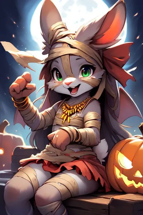 furry, animal, furry, furry female anthro, female rabbit,
((small breasts)), rabbit face, bunny tail, detailed and extremely fluffy body fur, fluff, athletic body, 2 girls, 
highly_detailed_face, symmetrical_eyes, Detailed Eyes, open mouth, rodent front teeth, happy, nail teeth, (eye reflections), (thick thighs:0.5),
flat chest, cute, girl, young, young adult, small breasts, cute, girl, young, 
sitting on hay eating candy, throwing candy, having fun, ((torn bandages)), ((torn white short frilly skirt)), ((bandaged head)), surrounded by halloween candy,
golden tiara, golden bracelet, golden necklace, 
green glow, fog tendrils,  
<Lora:vicaramelia:0.75>, bandage,
<lora:mummy costume:0.8>,
nighttime, outside, Halloween night, pumpkins, moonlight, bats in the sky, spiderwebs, 
(by manmosu marimo:0.6), (by dagasi:0.7), by reign-2004, 
(by carrot:0.4), by darkgem, by ulitochka,
<lora:FurryCore:0.7>,
<lora:sailor_moon:0.3>,
<lora:nanachi:0.2>,
<Lora:Tangbohu Detail Tweaker LoRA (UO/N~etLoRA) - v1.0:-0.5>,
highly detailed photograph, cinematic, full shot,
concept art, highly detailed, (hi res), masterpiece, best quality, masterpiece, best quality,  highly_detailed_face, symmetrical_eyes, belly, cinematic composition, dynamic pose, nude, (masterpiece, best quality, ultra realistic, 4k, (high detail:1.3),