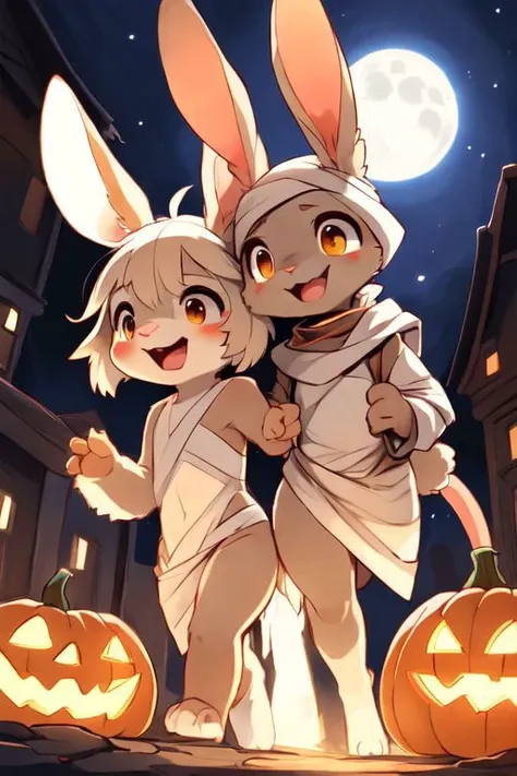 furry, animal, furry, furry female anthro, female rabbit,
((small breasts)), rabbit face, bunny tail, detailed and extremely fluffy body fur, fluff, athletic body, 2 girls, 
highly_detailed_face, symmetrical_eyes, Detailed Eyes, open mouth, rodent front teeth, happy, nail teeth, (eye reflections),
flat chest, cute, girl, young, young adult, small breasts, cute, girl, young, 
walking, low angle, having fun,
<lora:mummy costume:0.5>,
nighttime, outside, Halloween night, pumpkins, moonlight, bats in the sky, spiderwebs, 
(by manmosu marimo:0.6), (by dagasi:0.7), by reign-2004, 
(by carrot:0.4), by darkgem, by ulitochka,
<lora:FurryCore:0.7>,
<lora:sailor_moon:0.3>,
<lora:nanachi:0.2>,
<Lora:Tangbohu Detail Tweaker LoRA (UO/N~etLoRA) - v1.0:-0.5>,
highly detailed photograph, cinematic, full shot,
concept art, highly detailed, (hi res), masterpiece, best quality, masterpiece, best quality,  highly_detailed_face, symmetrical_eyes, belly, cinematic composition, dynamic pose, nude, (masterpiece, best quality, ultra realistic, 4k, (high detail:1.3),