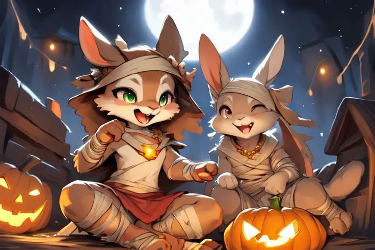 furry, animal, furry, furry female anthro, female rabbit,
((small breasts)), rabbit face, bunny tail, detailed and extremely fluffy body fur, fluff, athletic body, 2 girls, 
highly_detailed_face, symmetrical_eyes, Detailed Eyes, open mouth, rodent front teeth, happy, nail teeth, (eye reflections), (thick thighs:0.5),
flat chest, cute, girl, young, young adult, small breasts, cute, girl, young, 
sitting on hay eating candy, throwing candy, having fun, ((torn bandages)), ((torn white short frilly skirt)), ((bandaged head)), surrounded by halloween candy,
golden tiara, golden bracelet, golden necklace, 
green glow, fog tendrils,  
<Lora:vicaramelia:0.75>, bandage,
<lora:mummy costume:0.8>,
nighttime, outside, Halloween night, pumpkins, moonlight, bats in the sky, spiderwebs, 
(by manmosu marimo:0.6), (by dagasi:0.7), by reign-2004, 
(by carrot:0.4), by darkgem, by ulitochka,
<lora:FurryCore:0.7>,
<lora:sailor_moon:0.3>,
<lora:nanachi:0.2>,
<Lora:Tangbohu Detail Tweaker LoRA (UO/N~etLoRA) - v1.0:-0.5>,
highly detailed photograph, cinematic, full shot,
concept art, highly detailed, (hi res), masterpiece, best quality, masterpiece, best quality,  highly_detailed_face, symmetrical_eyes, belly, cinematic composition, dynamic pose, nude, (masterpiece, best quality, ultra realistic, 4k, (high detail:1.3),