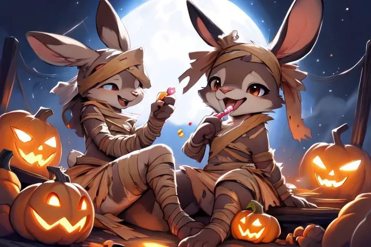furry, animal, furry, furry female anthro, female rabbit,
((small breasts)), rabbit face, bunny tail, detailed and extremely fluffy body fur, fluff, athletic body, 2 girls, 
highly_detailed_face, symmetrical_eyes, Detailed Eyes, open mouth, rodent front teeth, happy, nail teeth, (eye reflections), (thick thighs:0.5),
flat chest, cute, girl, young, young adult, small breasts, cute, girl, young, 
sitting on hay eating candy, throwing candy, having fun, ((torn bandages)), ((torn white short frilly skirt)), ((bandaged head)), surrounded by halloween candy,
golden tiara, golden bracelet, golden necklace, 
green glow, fog tendrils,  
<Lora:vicaramelia:0.75>, bandage,
<lora:mummy costume:0.8>,
nighttime, outside, Halloween night, pumpkins, moonlight, bats in the sky, spiderwebs, 
(by manmosu marimo:0.6), (by dagasi:0.7), by reign-2004, 
(by carrot:0.4), by darkgem, by ulitochka,
<lora:FurryCore:0.7>,
<lora:sailor_moon:0.3>,
<lora:nanachi:0.2>,
<Lora:Tangbohu Detail Tweaker LoRA (UO/N~etLoRA) - v1.0:-0.5>,
highly detailed photograph, cinematic, full shot,
concept art, highly detailed, (hi res), masterpiece, best quality, masterpiece, best quality,  highly_detailed_face, symmetrical_eyes, belly, cinematic composition, dynamic pose, nude, (masterpiece, best quality, ultra realistic, 4k, (high detail:1.3),
