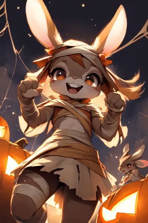 furry, animal, furry, furry female anthro, female rabbit,
((small breasts)), rabbit face, bunny tail, detailed and extremely fluffy body fur, fluff, athletic body, 2 girls, 
highly_detailed_face, symmetrical_eyes, Detailed Eyes, open mouth, rodent front teeth, happy, nail teeth, (eye reflections),
flat chest, cute, girl, young, young adult, small breasts, cute, girl, young, 
walking, low angle, having fun, (torn bandages), ((white mini skirt)), ((bandaged head)),
spooky,
<lora:mummy costume:0.8>,
nighttime, outside, Halloween night, pumpkins, moonlight, bats in the sky, spiderwebs, 
(by manmosu marimo:0.6), (by dagasi:0.7), by reign-2004, 
(by carrot:0.4), by darkgem, by ulitochka,
<lora:FurryCore:0.7>,
<lora:sailor_moon:0.3>,
<lora:nanachi:0.2>,
<Lora:Tangbohu Detail Tweaker LoRA (UO/N~etLoRA) - v1.0:-0.5>,
highly detailed photograph, cinematic, full shot,
concept art, highly detailed, (hi res), masterpiece, best quality, masterpiece, best quality,  highly_detailed_face, symmetrical_eyes, belly, cinematic composition, dynamic pose, nude, (masterpiece, best quality, ultra realistic, 4k, (high detail:1.3),