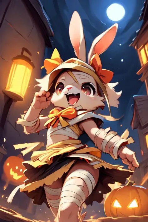 furry, animal, furry, furry female anthro, female rabbit,
((small breasts)), rabbit face, bunny tail, detailed and extremely fluffy body fur, fluff, athletic body, 2 girls, 
highly_detailed_face, symmetrical_eyes, Detailed Eyes, open mouth, rodent front teeth, happy, nail teeth, (eye reflections),
flat chest, cute, girl, young, young adult, small breasts, cute, girl, young, 
walking, low angle, having fun, ((torn bandages)), ((torn white short frilly skirt)), ((bandaged head)),
golden tiara, golden bracelet, golden necklace, 
<Lora:vicaramelia:0.2>, bandage,
<lora:mummy costume:0.8>,
nighttime, outside, Halloween night, pumpkins, moonlight, bats in the sky, spiderwebs, 
(by manmosu marimo:0.6), (by dagasi:0.7), by reign-2004, 
(by carrot:0.4), by darkgem, by ulitochka,
<lora:FurryCore:0.7>,
<lora:sailor_moon:0.3>,
<lora:nanachi:0.2>,
<Lora:Tangbohu Detail Tweaker LoRA (UO/N~etLoRA) - v1.0:-0.5>,
highly detailed photograph, cinematic, full shot,
concept art, highly detailed, (hi res), masterpiece, best quality, masterpiece, best quality,  highly_detailed_face, symmetrical_eyes, belly, cinematic composition, dynamic pose, nude, (masterpiece, best quality, ultra realistic, 4k, (high detail:1.3),
