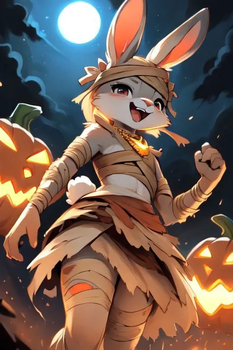 furry, animal, furry, furry female anthro, female rabbit,
((small breasts)), rabbit face, bunny tail, detailed and extremely fluffy body fur, fluff, athletic body, 2 girls, 
highly_detailed_face, symmetrical_eyes, Detailed Eyes, open mouth, rodent front teeth, happy, nail teeth, (eye reflections), (thick thighs:0.5),
flat chest, cute, girl, young, young adult, small breasts, cute, girl, young, 
walking, low angle, having fun, ((torn bandages)), ((torn white short frilly skirt)), ((bandaged head)),
golden tiara, golden bracelet, golden necklace, 
<Lora:vicaramelia:0.75>, bandage,
<lora:mummy costume:0.8>,
nighttime, outside, Halloween night, pumpkins, moonlight, bats in the sky, spiderwebs, 
(by manmosu marimo:0.6), (by dagasi:0.7), by reign-2004, 
(by carrot:0.4), by darkgem, by ulitochka,
<lora:FurryCore:0.7>,
<lora:sailor_moon:0.3>,
<lora:nanachi:0.2>,
<Lora:Tangbohu Detail Tweaker LoRA (UO/N~etLoRA) - v1.0:-0.5>,
highly detailed photograph, cinematic, full shot,
concept art, highly detailed, (hi res), masterpiece, best quality, masterpiece, best quality,  highly_detailed_face, symmetrical_eyes, belly, cinematic composition, dynamic pose, nude, (masterpiece, best quality, ultra realistic, 4k, (high detail:1.3),