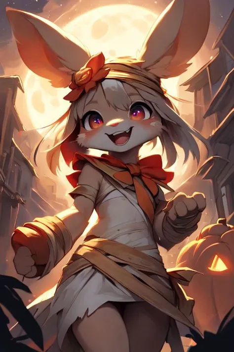 furry, animal, furry, furry female anthro, female rabbit,
((small breasts)), rabbit face, bunny tail, detailed and extremely fluffy body fur, fluff, athletic body, 2 girls, 
highly_detailed_face, symmetrical_eyes, Detailed Eyes, open mouth, rodent front teeth, happy, nail teeth, (eye reflections),
flat chest, cute, girl, young, young adult, small breasts, cute, girl, young, 
walking, low angle, having fun, torn bandages, white mini skirt, bandaged head,
spooky,
<lora:mummy costume:0.5>,
nighttime, outside, Halloween night, pumpkins, moonlight, bats in the sky, spiderwebs, 
(by manmosu marimo:0.6), (by dagasi:0.7), by reign-2004, 
(by carrot:0.4), by darkgem, by ulitochka,
<lora:FurryCore:0.7>,
<lora:sailor_moon:0.3>,
<lora:nanachi:0.2>,
<Lora:Tangbohu Detail Tweaker LoRA (UO/N~etLoRA) - v1.0:-0.5>,
highly detailed photograph, cinematic, full shot,
concept art, highly detailed, (hi res), masterpiece, best quality, masterpiece, best quality,  highly_detailed_face, symmetrical_eyes, belly, cinematic composition, dynamic pose, nude, (masterpiece, best quality, ultra realistic, 4k, (high detail:1.3),