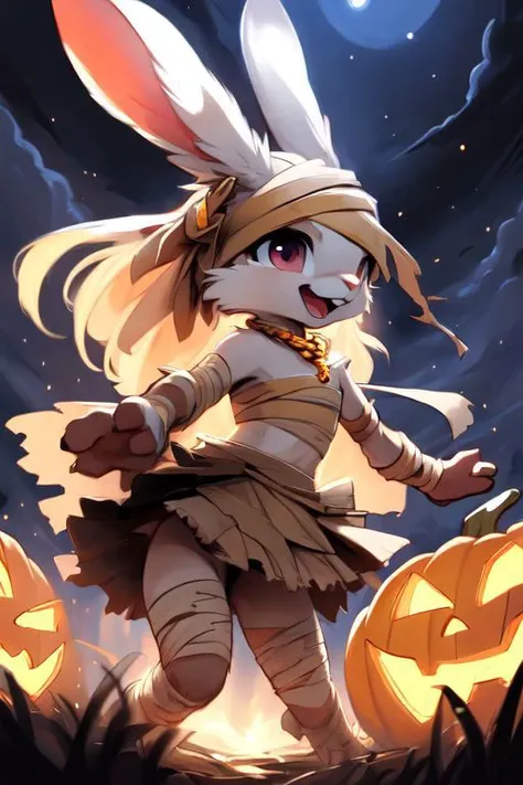 furry, animal, furry, furry female anthro, female rabbit,
((small breasts)), rabbit face, bunny tail, detailed and extremely fluffy body fur, fluff, athletic body, 2 girls, 
highly_detailed_face, symmetrical_eyes, Detailed Eyes, open mouth, rodent front teeth, happy, nail teeth, (eye reflections), (thick thighs:0.5),
flat chest, cute, girl, young, young adult, small breasts, cute, girl, young, 
running, jumping, low angle, having fun, side view, ((torn bandages)), ((torn white short frilly skirt)), ((bandaged head)),
golden tiara, golden bracelet, golden necklace, 
green glow, fog tendrils,  
<Lora:vicaramelia:0.75>, bandage,
<lora:mummy costume:0.8>,
nighttime, outside, Halloween night, pumpkins, moonlight, bats in the sky, spiderwebs, 
(by manmosu marimo:0.6), (by dagasi:0.7), by reign-2004, 
(by carrot:0.4), by darkgem, by ulitochka,
<lora:FurryCore:0.7>,
<lora:sailor_moon:0.3>,
<lora:nanachi:0.2>,
<Lora:Tangbohu Detail Tweaker LoRA (UO/N~etLoRA) - v1.0:-0.5>,
highly detailed photograph, cinematic, full shot,
concept art, highly detailed, (hi res), masterpiece, best quality, masterpiece, best quality,  highly_detailed_face, symmetrical_eyes, belly, cinematic composition, dynamic pose, nude, (masterpiece, best quality, ultra realistic, 4k, (high detail:1.3),