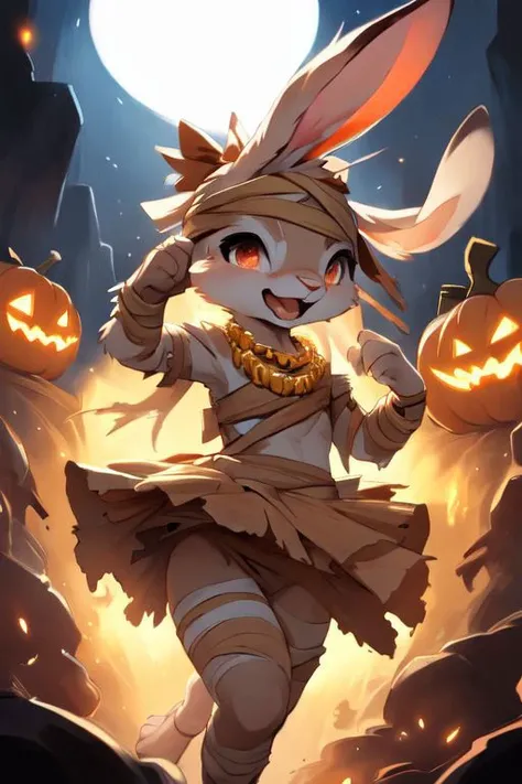 furry, animal, furry, furry female anthro, female rabbit,
((small breasts)), rabbit face, bunny tail, detailed and extremely fluffy body fur, fluff, athletic body, 2 girls, 
highly_detailed_face, symmetrical_eyes, Detailed Eyes, open mouth, rodent front teeth, happy, nail teeth, (eye reflections), (thick thighs:0.5),
flat chest, cute, girl, young, young adult, small breasts, cute, girl, young, 
running, jumping, having fun, three quarter back pose, ((torn bandages)), ((torn white short frilly skirt)), ((bandaged head)),
golden tiara, golden bracelet, golden necklace, 
green glow, fog tendrils,  
<Lora:vicaramelia:0.75>, bandage,
<lora:mummy costume:0.8>,
nighttime, outside, Halloween night, pumpkins, moonlight, bats in the sky, spiderwebs, 
(by manmosu marimo:0.6), (by dagasi:0.7), by reign-2004, 
(by carrot:0.4), by darkgem, by ulitochka,
<lora:FurryCore:0.7>,
<lora:sailor_moon:0.3>,
<lora:nanachi:0.2>,
<Lora:Tangbohu Detail Tweaker LoRA (UO/N~etLoRA) - v1.0:-0.5>,
highly detailed photograph, cinematic, full shot,
concept art, highly detailed, (hi res), masterpiece, best quality, masterpiece, best quality,  highly_detailed_face, symmetrical_eyes, belly, cinematic composition, dynamic pose, nude, (masterpiece, best quality, ultra realistic, 4k, (high detail:1.3),