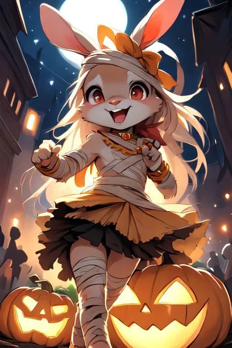 furry, animal, furry, furry female anthro, female rabbit,
((small breasts)), rabbit face, bunny tail, detailed and extremely fluffy body fur, fluff, athletic body, 2 girls, 
highly_detailed_face, symmetrical_eyes, Detailed Eyes, open mouth, rodent front teeth, happy, nail teeth, (eye reflections),
flat chest, cute, girl, young, young adult, small breasts, cute, girl, young, 
walking, low angle, having fun, ((torn bandages)), ((torn white short frilly skirt)), ((bandaged head)),
golden tiara, golden bracelet, golden necklace, 
<Lora:vicaramelia:0.2>, bandage,
<lora:mummy costume:0.8>,
nighttime, outside, Halloween night, pumpkins, moonlight, bats in the sky, spiderwebs, 
(by manmosu marimo:0.6), (by dagasi:0.7), by reign-2004, 
(by carrot:0.4), by darkgem, by ulitochka,
<lora:FurryCore:0.7>,
<lora:sailor_moon:0.3>,
<lora:nanachi:0.2>,
<Lora:Tangbohu Detail Tweaker LoRA (UO/N~etLoRA) - v1.0:-0.5>,
highly detailed photograph, cinematic, full shot,
concept art, highly detailed, (hi res), masterpiece, best quality, masterpiece, best quality,  highly_detailed_face, symmetrical_eyes, belly, cinematic composition, dynamic pose, nude, (masterpiece, best quality, ultra realistic, 4k, (high detail:1.3),