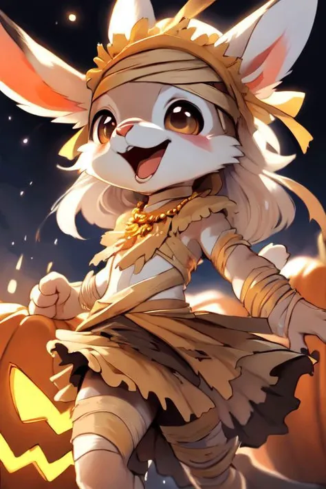 furry, animal, furry, furry female anthro, female rabbit,
((small breasts)), rabbit face, bunny tail, detailed and extremely fluffy body fur, fluff, athletic body, 2 girls, 
highly_detailed_face, symmetrical_eyes, Detailed Eyes, open mouth, rodent front teeth, happy, nail teeth, (eye reflections), (thick thighs:0.5),
flat chest, cute, girl, young, young adult, small breasts, cute, girl, young, 
walking, low angle, having fun, ((torn bandages)), ((torn white short frilly skirt)), ((bandaged head)),
golden tiara, golden bracelet, golden necklace, 
<Lora:vicaramelia:0.75>, bandage,
<lora:mummy costume:0.8>,
nighttime, outside, Halloween night, pumpkins, moonlight, bats in the sky, spiderwebs, 
(by manmosu marimo:0.6), (by dagasi:0.7), by reign-2004, 
(by carrot:0.4), by darkgem, by ulitochka,
<lora:FurryCore:0.7>,
<lora:sailor_moon:0.3>,
<lora:nanachi:0.2>,
<Lora:Tangbohu Detail Tweaker LoRA (UO/N~etLoRA) - v1.0:-0.5>,
highly detailed photograph, cinematic, full shot,
concept art, highly detailed, (hi res), masterpiece, best quality, masterpiece, best quality,  highly_detailed_face, symmetrical_eyes, belly, cinematic composition, dynamic pose, nude, (masterpiece, best quality, ultra realistic, 4k, (high detail:1.3),