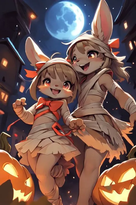 furry, animal, furry, furry female anthro, female rabbit,
((small breasts)), rabbit face, bunny tail, detailed and extremely fluffy body fur, fluff, athletic body, 2 girls, 
highly_detailed_face, symmetrical_eyes, Detailed Eyes, open mouth, rodent front teeth, happy, nail teeth, (eye reflections),
flat chest, cute, girl, young, young adult, small breasts, cute, girl, young, 
walking, low angle, having fun, (torn bandages), ((white mini skirt)), ((bandaged head)),
spooky,
<lora:mummy costume:0.8>,
nighttime, outside, Halloween night, pumpkins, moonlight, bats in the sky, spiderwebs, 
(by manmosu marimo:0.6), (by dagasi:0.7), by reign-2004, 
(by carrot:0.4), by darkgem, by ulitochka,
<lora:FurryCore:0.7>,
<lora:sailor_moon:0.3>,
<lora:nanachi:0.2>,
<Lora:Tangbohu Detail Tweaker LoRA (UO/N~etLoRA) - v1.0:-0.5>,
highly detailed photograph, cinematic, full shot,
concept art, highly detailed, (hi res), masterpiece, best quality, masterpiece, best quality,  highly_detailed_face, symmetrical_eyes, belly, cinematic composition, dynamic pose, nude, (masterpiece, best quality, ultra realistic, 4k, (high detail:1.3),