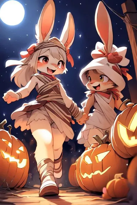 furry, animal, furry, furry female anthro, female rabbit,
((small breasts)), rabbit face, bunny tail, detailed and extremely fluffy body fur, fluff, athletic body, 2 girls, 
highly_detailed_face, symmetrical_eyes, Detailed Eyes, open mouth, rodent front teeth, happy, nail teeth, (eye reflections),
flat chest, cute, girl, young, young adult, small breasts, cute, girl, young, 
walking, low angle, having fun,
<lora:mummy costume:0.5>,
nighttime, outside, Halloween night, pumpkins, moonlight, bats in the sky, spiderwebs, 
(by manmosu marimo:0.6), (by dagasi:0.7), by reign-2004, 
(by carrot:0.4), by darkgem, by ulitochka,
<lora:FurryCore:0.7>,
<lora:sailor_moon:0.3>,
<lora:nanachi:0.2>,
<Lora:Tangbohu Detail Tweaker LoRA (UO/N~etLoRA) - v1.0:-0.5>,
highly detailed photograph, cinematic, full shot,
concept art, highly detailed, (hi res), masterpiece, best quality, masterpiece, best quality,  highly_detailed_face, symmetrical_eyes, belly, cinematic composition, dynamic pose, nude, (masterpiece, best quality, ultra realistic, 4k, (high detail:1.3),