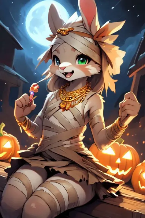 furry, animal, furry, furry female anthro, female rabbit,
((small breasts)), rabbit face, bunny tail, detailed and extremely fluffy body fur, fluff, athletic body, 2 girls, 
highly_detailed_face, symmetrical_eyes, Detailed Eyes, open mouth, rodent front teeth, happy, nail teeth, (eye reflections), (thick thighs:0.5),
flat chest, cute, girl, young, young adult, small breasts, cute, girl, young, 
sitting on hay eating candy, throwing candy, having fun, ((torn bandages)), ((torn white short frilly skirt)), ((bandaged head)), surrounded by halloween candy,
golden tiara, golden bracelet, golden necklace, 
green glow, fog tendrils,  
<Lora:vicaramelia:0.75>, bandage,
<lora:mummy costume:0.8>,
nighttime, outside, Halloween night, pumpkins, moonlight, bats in the sky, spiderwebs, 
(by manmosu marimo:0.6), (by dagasi:0.7), by reign-2004, 
(by carrot:0.4), by darkgem, by ulitochka,
<lora:FurryCore:0.7>,
<lora:sailor_moon:0.3>,
<lora:nanachi:0.2>,
<Lora:Tangbohu Detail Tweaker LoRA (UO/N~etLoRA) - v1.0:-0.5>,
highly detailed photograph, cinematic, full shot,
concept art, highly detailed, (hi res), masterpiece, best quality, masterpiece, best quality,  highly_detailed_face, symmetrical_eyes, belly, cinematic composition, dynamic pose, nude, (masterpiece, best quality, ultra realistic, 4k, (high detail:1.3),