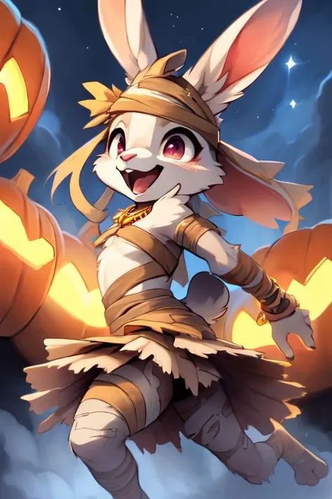 furry, animal, furry, furry female anthro, female rabbit,
((small breasts)), rabbit face, bunny tail, detailed and extremely fluffy body fur, fluff, athletic body, 2 girls, 
highly_detailed_face, symmetrical_eyes, Detailed Eyes, open mouth, rodent front teeth, happy, nail teeth, (eye reflections), (thick thighs:0.5),
flat chest, cute, girl, young, young adult, small breasts, cute, girl, young, 
running, jumping, low angle, having fun, side view, ((torn bandages)), ((torn white short frilly skirt)), ((bandaged head)),
golden tiara, golden bracelet, golden necklace, 
green glow, fog tendrils,  
<Lora:vicaramelia:0.75>, bandage,
<lora:mummy costume:0.8>,
nighttime, outside, Halloween night, pumpkins, moonlight, bats in the sky, spiderwebs, 
(by manmosu marimo:0.6), (by dagasi:0.7), by reign-2004, 
(by carrot:0.4), by darkgem, by ulitochka,
<lora:FurryCore:0.7>,
<lora:sailor_moon:0.3>,
<lora:nanachi:0.2>,
<Lora:Tangbohu Detail Tweaker LoRA (UO/N~etLoRA) - v1.0:-0.5>,
highly detailed photograph, cinematic, full shot,
concept art, highly detailed, (hi res), masterpiece, best quality, masterpiece, best quality,  highly_detailed_face, symmetrical_eyes, belly, cinematic composition, dynamic pose, nude, (masterpiece, best quality, ultra realistic, 4k, (high detail:1.3),