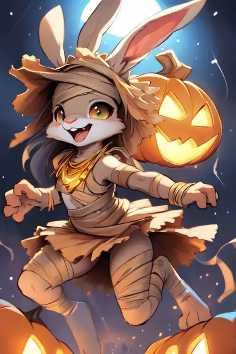 furry, animal, furry, furry female anthro, female rabbit,
((small breasts)), rabbit face, bunny tail, detailed and extremely fluffy body fur, fluff, athletic body, 2 girls, 
highly_detailed_face, symmetrical_eyes, Detailed Eyes, open mouth, rodent front teeth, happy, nail teeth, (eye reflections), (thick thighs:0.5),
flat chest, cute, girl, young, young adult, small breasts, cute, girl, young, 
running, jumping, high angle, having fun, back view, ((torn bandages)), ((torn white short frilly skirt)), ((bandaged head)),
golden tiara, golden bracelet, golden necklace, 
green glow, fog tendrils,  
<Lora:vicaramelia:0.75>, bandage,
<lora:mummy costume:0.8>,
nighttime, outside, Halloween night, pumpkins, moonlight, bats in the sky, spiderwebs, 
(by manmosu marimo:0.6), (by dagasi:0.7), by reign-2004, 
(by carrot:0.4), by darkgem, by ulitochka,
<lora:FurryCore:0.7>,
<lora:sailor_moon:0.3>,
<lora:nanachi:0.2>,
<Lora:Tangbohu Detail Tweaker LoRA (UO/N~etLoRA) - v1.0:-0.5>,
highly detailed photograph, cinematic, full shot,
concept art, highly detailed, (hi res), masterpiece, best quality, masterpiece, best quality,  highly_detailed_face, symmetrical_eyes, belly, cinematic composition, dynamic pose, nude, (masterpiece, best quality, ultra realistic, 4k, (high detail:1.3),