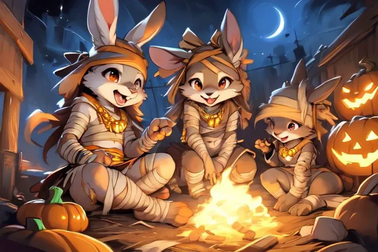 furry, animal, furry, furry female anthro, female rabbit,
((small breasts)), rabbit face, bunny tail, detailed and extremely fluffy body fur, fluff, athletic body, 2 girls, 
highly_detailed_face, symmetrical_eyes, Detailed Eyes, open mouth, rodent front teeth, happy, nail teeth, (eye reflections), (thick thighs:0.5),
flat chest, cute, girl, young, young adult, small breasts, cute, girl, young, 
sitting on hay eating candy, throwing candy, having fun, ((torn bandages)), ((torn white short frilly skirt)), ((bandaged head)), surrounded by halloween candy,
golden tiara, golden bracelet, golden necklace, 
green glow, fog tendrils,  
<Lora:vicaramelia:0.75>, bandage,
<lora:mummy costume:0.8>,
nighttime, outside, Halloween night, pumpkins, moonlight, bats in the sky, spiderwebs, 
(by manmosu marimo:0.6), (by dagasi:0.7), by reign-2004, 
(by carrot:0.4), by darkgem, by ulitochka,
<lora:FurryCore:0.7>,
<lora:sailor_moon:0.3>,
<lora:nanachi:0.2>,
<Lora:Tangbohu Detail Tweaker LoRA (UO/N~etLoRA) - v1.0:-0.5>,
highly detailed photograph, cinematic, full shot,
concept art, highly detailed, (hi res), masterpiece, best quality, masterpiece, best quality,  highly_detailed_face, symmetrical_eyes, belly, cinematic composition, dynamic pose, nude, (masterpiece, best quality, ultra realistic, 4k, (high detail:1.3),
