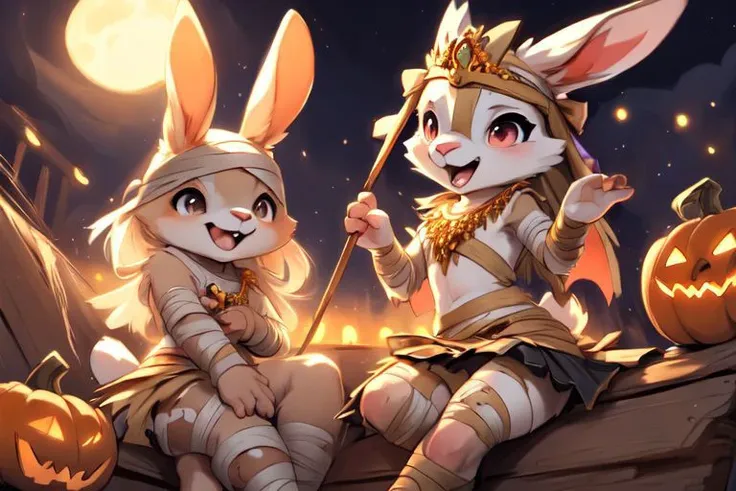 furry, animal, furry, furry female anthro, female rabbit,
((small breasts)), rabbit face, bunny tail, detailed and extremely fluffy body fur, fluff, athletic body, 2 girls, 
highly_detailed_face, symmetrical_eyes, Detailed Eyes, open mouth, rodent front teeth, happy, nail teeth, (eye reflections), (thick thighs:0.5),
flat chest, cute, girl, young, young adult, small breasts, cute, girl, young, 
sitting on hay eating candy, throwing candy, having fun, ((torn bandages)), ((torn white short frilly skirt)), ((bandaged head)), surrounded by halloween candy,
golden tiara, golden bracelet, golden necklace, 
green glow, fog tendrils,  
<Lora:vicaramelia:0.75>, bandage,
<lora:mummy costume:0.8>,
nighttime, outside, Halloween night, pumpkins, moonlight, bats in the sky, spiderwebs, 
(by manmosu marimo:0.6), (by dagasi:0.7), by reign-2004, 
(by carrot:0.4), by darkgem, by ulitochka,
<lora:FurryCore:0.7>,
<lora:sailor_moon:0.3>,
<lora:nanachi:0.2>,
<Lora:Tangbohu Detail Tweaker LoRA (UO/N~etLoRA) - v1.0:-0.5>,
highly detailed photograph, cinematic, full shot,
concept art, highly detailed, (hi res), masterpiece, best quality, masterpiece, best quality,  highly_detailed_face, symmetrical_eyes, belly, cinematic composition, dynamic pose, nude, (masterpiece, best quality, ultra realistic, 4k, (high detail:1.3),