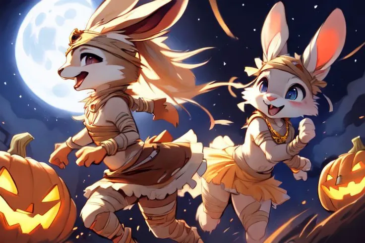 furry, animal, furry, furry female anthro, female rabbit,
((small breasts)), rabbit face, bunny tail, detailed and extremely fluffy body fur, fluff, athletic body, 2 girls, 
highly_detailed_face, symmetrical_eyes, Detailed Eyes, open mouth, rodent front teeth, happy, nail teeth, (eye reflections), (thick thighs:0.5),
flat chest, cute, girl, young, young adult, small breasts, cute, girl, young, 
running, jumping, low angle, having fun, side view, ((torn bandages)), ((torn white short frilly skirt)), ((bandaged head)),
golden tiara, golden bracelet, golden necklace, 
green glow, fog tendrils,  
<Lora:vicaramelia:0.75>, bandage,
<lora:mummy costume:0.8>,
nighttime, outside, Halloween night, pumpkins, moonlight, bats in the sky, spiderwebs, 
(by manmosu marimo:0.6), (by dagasi:0.7), by reign-2004, 
(by carrot:0.4), by darkgem, by ulitochka,
<lora:FurryCore:0.7>,
<lora:sailor_moon:0.3>,
<lora:nanachi:0.2>,
<Lora:Tangbohu Detail Tweaker LoRA (UO/N~etLoRA) - v1.0:-0.5>,
highly detailed photograph, cinematic, full shot,
concept art, highly detailed, (hi res), masterpiece, best quality, masterpiece, best quality,  highly_detailed_face, symmetrical_eyes, belly, cinematic composition, dynamic pose, nude, (masterpiece, best quality, ultra realistic, 4k, (high detail:1.3),