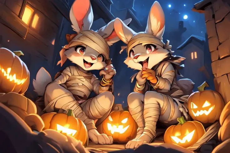 furry, animal, furry, furry female anthro, female rabbit,
((small breasts)), rabbit face, bunny tail, detailed and extremely fluffy body fur, fluff, athletic body, 2 girls, 
highly_detailed_face, symmetrical_eyes, Detailed Eyes, open mouth, rodent front teeth, happy, nail teeth, (eye reflections), (thick thighs:0.5),
flat chest, cute, girl, young, young adult, small breasts, cute, girl, young, 
sitting on hay eating candy, throwing candy, having fun, ((torn bandages)), ((torn white short frilly skirt)), ((bandaged head)), surrounded by halloween candy,
golden tiara, golden bracelet, golden necklace, 
green glow, fog tendrils,  
<Lora:vicaramelia:0.75>, bandage,
<lora:mummy costume:0.8>,
nighttime, outside, Halloween night, pumpkins, moonlight, bats in the sky, spiderwebs, 
(by manmosu marimo:0.6), (by dagasi:0.7), by reign-2004, 
(by carrot:0.4), by darkgem, by ulitochka,
<lora:FurryCore:0.7>,
<lora:sailor_moon:0.3>,
<lora:nanachi:0.2>,
<Lora:Tangbohu Detail Tweaker LoRA (UO/N~etLoRA) - v1.0:-0.5>,
highly detailed photograph, cinematic, full shot,
concept art, highly detailed, (hi res), masterpiece, best quality, masterpiece, best quality,  highly_detailed_face, symmetrical_eyes, belly, cinematic composition, dynamic pose, nude, (masterpiece, best quality, ultra realistic, 4k, (high detail:1.3),