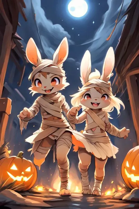 furry, animal, furry, furry female anthro, female rabbit,
((small breasts)), rabbit face, bunny tail, detailed and extremely fluffy body fur, fluff, athletic body, 2 girls, 
highly_detailed_face, symmetrical_eyes, Detailed Eyes, open mouth, rodent front teeth, happy, nail teeth, (eye reflections),
flat chest, cute, girl, young, young adult, small breasts, cute, girl, young, 
walking, low angle, having fun, ((torn bandages)), ((white mini skirt)), ((bandaged head)),
spooky,
<Lora:vicaramelia:0.2>, bandage,
<lora:mummy costume:0.8>,
nighttime, outside, Halloween night, pumpkins, moonlight, bats in the sky, spiderwebs, 
(by manmosu marimo:0.6), (by dagasi:0.7), by reign-2004, 
(by carrot:0.4), by darkgem, by ulitochka,
<lora:FurryCore:0.7>,
<lora:sailor_moon:0.3>,
<lora:nanachi:0.2>,
<Lora:Tangbohu Detail Tweaker LoRA (UO/N~etLoRA) - v1.0:-0.5>,
highly detailed photograph, cinematic, full shot,
concept art, highly detailed, (hi res), masterpiece, best quality, masterpiece, best quality,  highly_detailed_face, symmetrical_eyes, belly, cinematic composition, dynamic pose, nude, (masterpiece, best quality, ultra realistic, 4k, (high detail:1.3),