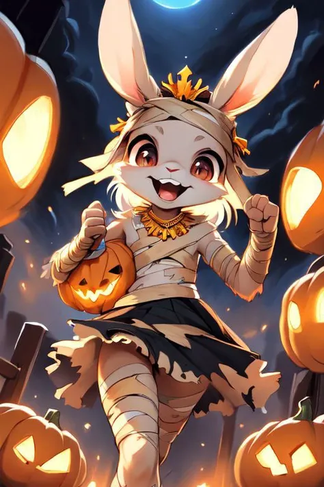 furry, animal, furry, furry female anthro, female rabbit,
((small breasts)), rabbit face, bunny tail, detailed and extremely fluffy body fur, fluff, athletic body, 2 girls, 
highly_detailed_face, symmetrical_eyes, Detailed Eyes, open mouth, rodent front teeth, happy, nail teeth, (eye reflections),
flat chest, cute, girl, young, young adult, small breasts, cute, girl, young, 
walking, low angle, having fun, ((torn bandages)), ((torn white short frilly skirt)), ((bandaged head)),
golden tiara, golden bracelet, golden necklace, 
<Lora:vicaramelia:0.4>, bandage,
<lora:mummy costume:0.8>,
nighttime, outside, Halloween night, pumpkins, moonlight, bats in the sky, spiderwebs, 
(by manmosu marimo:0.6), (by dagasi:0.7), by reign-2004, 
(by carrot:0.4), by darkgem, by ulitochka,
<lora:FurryCore:0.7>,
<lora:sailor_moon:0.3>,
<lora:nanachi:0.2>,
<Lora:Tangbohu Detail Tweaker LoRA (UO/N~etLoRA) - v1.0:-0.5>,
highly detailed photograph, cinematic, full shot,
concept art, highly detailed, (hi res), masterpiece, best quality, masterpiece, best quality,  highly_detailed_face, symmetrical_eyes, belly, cinematic composition, dynamic pose, nude, (masterpiece, best quality, ultra realistic, 4k, (high detail:1.3),